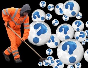 A person in an orange reflective suit and hood sweeps with a broom. They appear to be sweeping large, floating question marks on spheres, perhaps symbolizing the collection of information. The background is black, making the reflective suit and question marks stand out vividly.