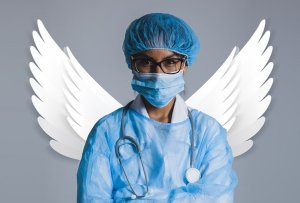 A healthcare worker in protective gear, including a blue gown, face mask, gloves, and hair cover, stands with arms crossed. They have a stethoscope around their neck, embodying the guardian of life. Behind them are white wings, giving the appearance of an angel.