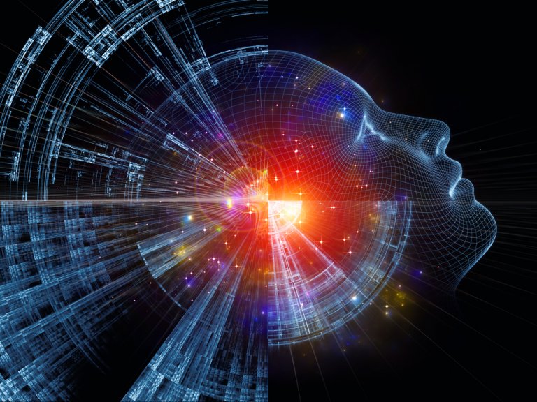 A futuristic composite image shows the outline of a human face made of a wireframe mesh against a dark background. The left side features intricate, glowing digital circuitry, symbolizing artificial intelligence, while a bright, orange-red light highlights the center where both elements merge.