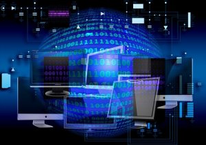 A digital collage featuring multiple computer monitors with binary code (ones and zeros) on the screens. The background shows a blue globe composed of binary code, along with abstract lines and circuit-like diagrams, evoking themes of technology, communication, and artificial intelligence.