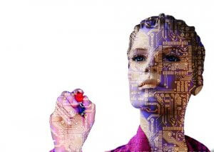A person's face, composed of circuit board patterns symbolizing artificial intelligence, is shown on the right. The person appears to be writing or drawing with a red marker on an unseen surface, while wearing a purple shirt. The background is white.