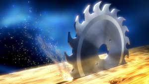 Illustration of a circular saw blade cutting through a wooden plank on a blue gradient background. The saw emits sparks and wood fragments, highlighting motion and intensity. The scene conveys a dynamic and intense woodcutting process, symbolizing independence in craftsmanship.