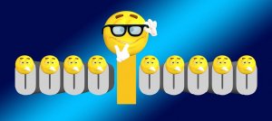 An image of multiple 3D smiley faces in a row, with a larger central smiley face wearing glasses and making a peace sign. The smaller, LinkedIn-inspired smiley faces on either side have a neutral expression. The background features a blue gradient.