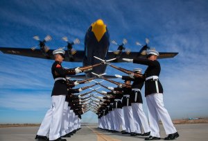 A group of uniformed military service members perform a synchronized rifle drill, forming two parallel lines with rifles pointed outwards. As they execute their precise movements, a formation of Blue Angels flies low overhead against a clear blue sky.