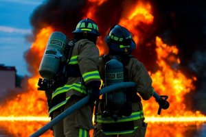 Two firefighters in full gear, complete with helmets and oxygen tanks, are seen from the back, working together to extinguish a large blazing fire. Flames and thick black smoke fill the scene, creating an intense atmosphere as they bravely tackle the emergency.
