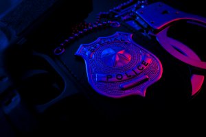 A close-up photograph of a "Special Police" badge, a pair of handcuffs, and a firearm, illuminated by blue and pink lighting against a dark background. The police badge is central, with the chain, handcuffs, and gun partially visible.