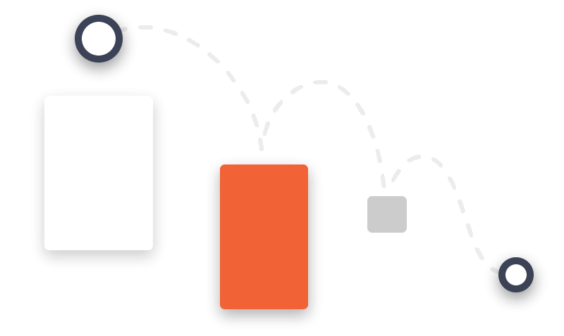 A minimalist graphic displaying a white circle in the top left, a smaller white circle in the bottom right, a vertical white rectangle in the upper middle, and a vertical orange rectangle to the right of the white one. The background is black.