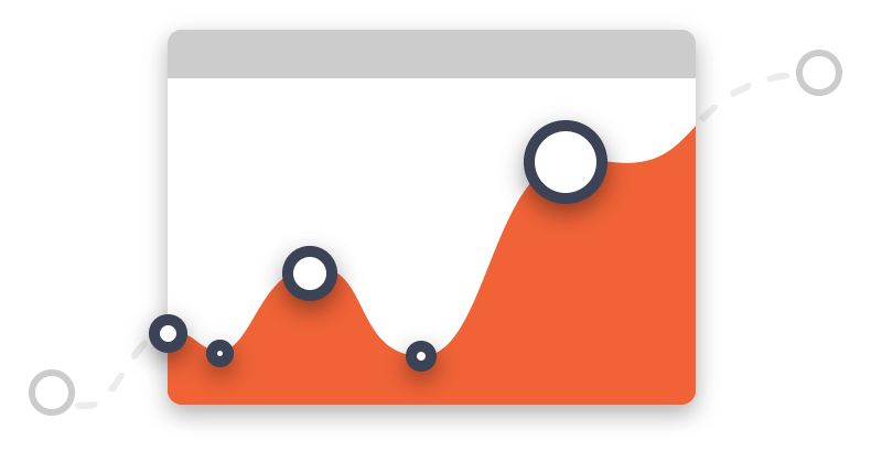 An abstract line graph with a white background and an orange line indicating data points along a trend. Some data points are highlighted with large, circular markers. The graph is in a rectangular frame with rounded corners.