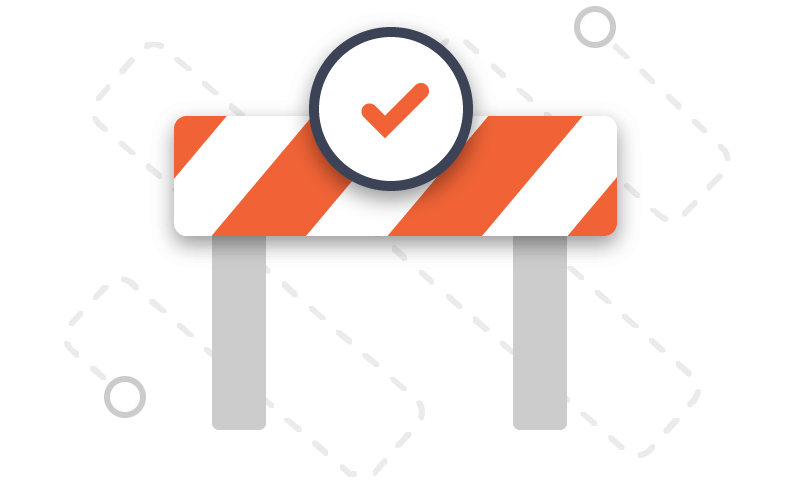 An orange and white barrier with diagonal stripes, topped by a checkmark encircled in blue, is centered in the image. Two white dots are positioned in the top right and bottom left corners against a black background.