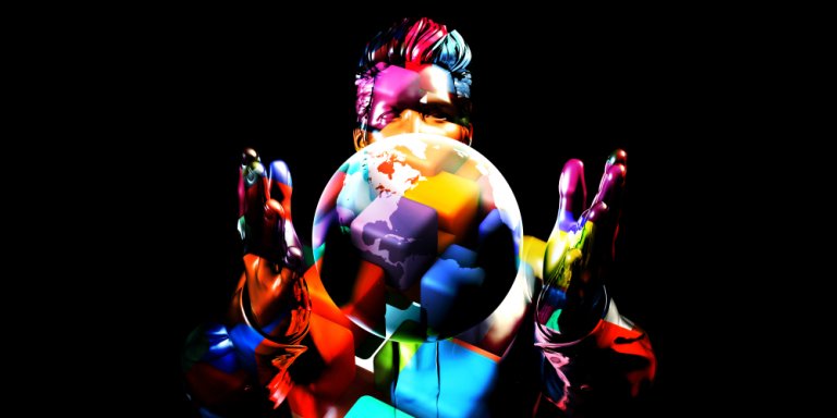 A vibrant, multicolored digital illustration shows a person enveloped in abstract, colorful shapes, standing against a black background with their hands around a globe. The globe prominently displays parts of the Americas at its center, symbolizing the global impact of their job.