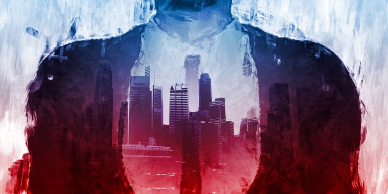 A digital artwork featuring a man's silhouette in a suit, overlaid with a cityscape of skyscrapers and buildings. The image blends abstract blue and red shades, creating a dynamic and modern effect that highlights the flexibility of urban life.