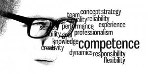 A close-up illustration of a person's face wearing glasses, partially obscured by a cluster of words related to professional skills. Prominent words include "competence," "reliability," "creativity," "professionalism," and "experience"—key attributes for crafting a compelling federal resume.