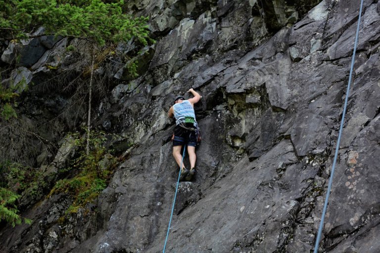 A person wearing climbing gear is rock climbing on a steep, rocky cliff, much like navigating the challenging terrain of a job search. They are secured by a climbing rope that trails below them. The cliff is surrounded by greenery, and the climber is focused on finding their next handhold.