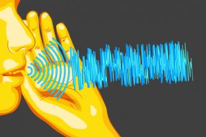 Illustration of a yellow figure whispering with blue sound waves emanating from their mouth against a dark gray background. The hand of the figure is cupped around their mouth, symbolizing the transfer of soft skills or quietly sharing information.