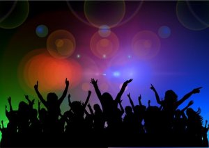 A vibrant, colorful background with bokeh lights and silhouettes of people dancing and raising their hands in the air, creating an energetic atmosphere that showcases the soft skills of coordination and teamwork, suggesting a lively party or concert scene.