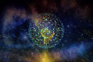 A digital illustration of Earth surrounded by a complex network of interconnected lines and nodes, symbolizing global connectivity and governance. The background features a vast, colorful nebula and starry space, adding a cosmic element to the representation of the networked planet.