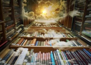 A magical library with rows of bookshelves filled with books. The scene transitions into a dreamlike sky with clouds and a bright sun, birds flying in the distance, blending the earthly with the ethereal, as if human resources were managing both realms seamlessly.