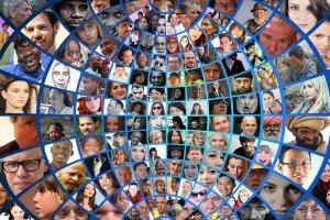 A collage of diverse human faces arranged in a circular pattern with blue borders around each section, symbolizing the essence of human resources. The faces vary in age, ethnicity, and expression, representing a wide array of people from different backgrounds and cultures.