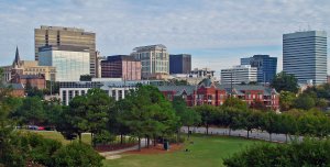 A cityscape featuring modern high-rise buildings mixed with older architectural structures. In the foreground, there is a lush green park with trees and a pathway, reminiscent of the serene landscapes found in Lake County. The skyline is under a partly cloudy sky.