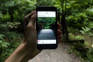 A hand holding a smartphone captures a photo of a wooden bridge in a forested area. The bridge image on the phone screen aligns seamlessly with the actual bridge in the background, blending technology and nature. Lush green foliage surrounds the scene, showcasing nature's resilience.