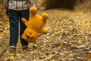 A child, walking away along a dirt path covered in fallen leaves, holds a large plush teddy bear by its arm. Dressed in blue jeans, a plaid shirt, and sneakers, the child stands out against the blurred backdrop of autumn foliage.