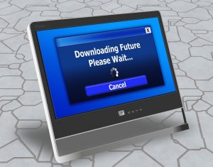 A computer monitor displaying a message that reads, "Downloading Future Please Wait..." with a progress icon below it. The screen also has a "Cancel" button. The monitor is on a futuristic, hexagonal-patterned surface, as if inviting you to consider walking away from the wait.