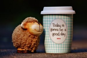 Ceramic sheep figurine smiling next to a checkered coffee cup with a lid. The cup has an oval label with the words "Today is gonna be a good day" and three small red hearts underneath. The background is blurred.