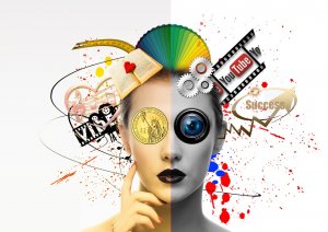 A surreal illustration of a woman's face, split into two halves. The left side is colorful with symbols of money, family, and education. The right side is monochrome featuring a camera lens eye and icons of YouTube, success, and social media, representing creativity and media.