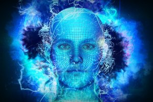 Digital artwork of a human face formed by blue wireframe lines. The face is surrounded by abstract, vibrant electric and cosmic light patterns with blue and white hues. The background includes dynamic lightning-like streaks enhancing the futuristic HR theme.