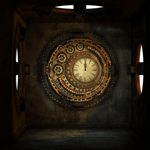 A proactive steampunk-themed room showcasing a vintage clock at its center. The clock is surrounded by intricate gears and mechanical details, all illuminated with a warm, golden light, giving the scene a rustic, industrial appearance. The walls and floor are made of dark, metallic materials.