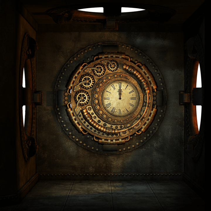 A proactive steampunk-themed room showcasing a vintage clock at its center. The clock is surrounded by intricate gears and mechanical details, all illuminated with a warm, golden light, giving the scene a rustic, industrial appearance. The walls and floor are made of dark, metallic materials.