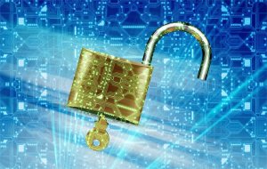 A golden padlock with digital circuit patterns is shown unlocked against a blue background filled with digital circuitry designs, symbolizing cybersecurity and data protection. Light rays emanate around the lock, highlighting the focus on digital security.