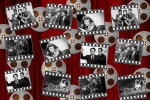 A front-facing collage of black and white film stills featuring various vintage movie scenes. The images show men and women in classic 1940s attire, in different scenarios such as conversations, leisure poses, and dramatic moments. The background includes large film reels.