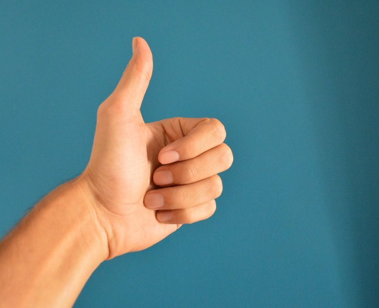 A close-up of a person's hand displaying a thumbs-up gesture against a solid teal background. The hand is positioned centrally, thumb extended upward and other fingers curled inward. With its light skin tone, the image conveys positivity, resonating universally across cultures.
