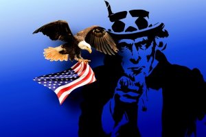 A silhouette of Uncle Sam points forward with a stern expression. An American bald eagle, holding an American flag in its talons, flies in front of him, symbolizing the federal government. The background is a gradient of blue shades.
