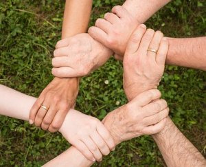 Six arms, each of different skin tones, form a circle by grasping each other's wrists. The individuals wear gold rings on their ring fingers, and the background shows grass. This image symbolizes unity, teamwork, and employee engagement.