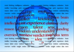 A sphere filled with words such as "intelligence," "thinking," "realization," "wisdom," and "insight" is centered against a blurred background with more words, resembling a dynamic resume template. The color gradient transitions from blue at the top to white in the middle and red at the bottom.