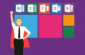 Cartoon of a person in a red cape raising one arm triumphantly. In the background are icons of various Microsoft Office applications, including Word, Excel, PowerPoint, OneNote, and others strategically arranged in a grid on a purple background.