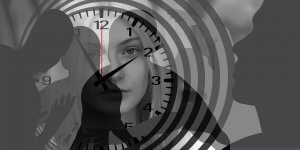 A black-and-white collage depicting elements including a clock with a prominent face of a woman in the center, surrounded by silhouettes of people, highlighting themes of employee engagement. The clock hands point to 12, and concentric circles in the background add a sense of depth.