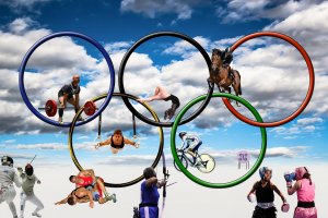 A montage of Olympic athletes achieving success in various sports overlaid on the five interlocking Olympic rings. Sports depicted include weightlifting, gymnastics, equestrian, cycling, archery, fencing, wrestling, and track and field against a cloudy sky backdrop.