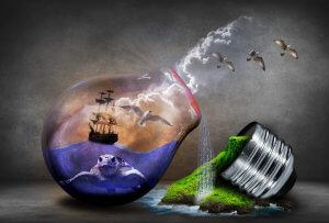 A surreal image of a light bulb containing an ocean scene with a sailing ship and sea turtle. The bulb lies on its side, with water and a grassy island pouring out from the base. Birds soar above in the gray sky, merging with the light bulb's internal scene, reflecting nature’s culture beautifully.