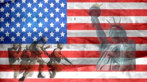 An image of the American flag with superimposed images of military soldiers in combat gear on the left and the Statue of Liberty on the right. The flag's stars and stripes are clearly visible in the background.