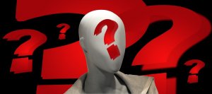A mannequin with a featureless white head stands in front of a background filled with large red question marks, one of which is placed prominently over the mannequin's face. The mannequin wears a brown jacket. The dark backdrop creates a stark contrast, emphasizing the overwhelming questions.