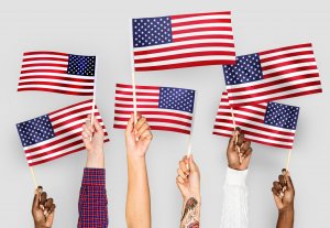 A diverse group of hands raised in the air, each holding a small American flag, symbolizes unity and pride. The background is plain and light gray. The hands exhibit various skin tones and include one with a tattoo and one with a long sleeve—reflecting the harmonious spirit within our government community.