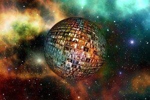A spherical collage of small, black-and-white portraits against a cosmic background filled with colorful nebulae and stars. The sphere appears to float in space, each portrait representing a different person as part of a collective visual, symbolizing the interconnectedness akin to networking in the universe.