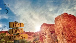 A desert scene with red rock formations under a partly cloudy sky. In the foreground, a wooden post holds three yellow directional signs reading "LOST," "FOUND," and "SEARCHING." Birds fly in the distance, as if escaping over-thinking.