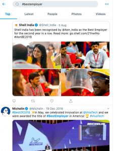 A Twitter feed displays two posts under the hashtag #bestemployer. The first post from Shell India highlights their recognition as the Best Employer with images of smiling employees, showcasing stellar employee engagement. The second post from Michelin announces their award as the Best Employer in America with event photos.