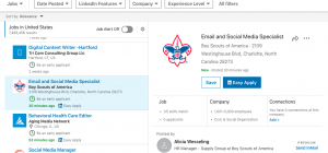 Screenshot of a LinkedIn job search page displaying results for "Email and Social Media Specialist" at the Boy Scouts of America in Charlotte, North Carolina. Other job listings include Digital Content Writer and Behavioral Health Care Editor. Job alert, filter options, and employee engagement metrics are visible.