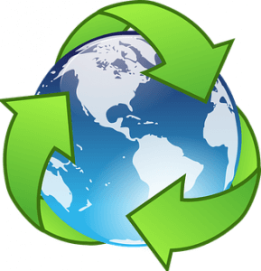 Illustration of the Earth with large green arrows encircling it in a triangular pattern, representing recycling and environmental conservation. The arrows symbolize the continuous process of reusing and reducing waste, much like how an electric vehicle helps protect our planet by reducing emissions.