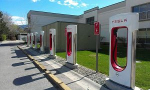 A row of Tesla Superchargers are set up in a paved area adjacent to a modern building. The bright white and red charging stations are positioned alongside patches of green grass under a clear blue sky, ready for electric vehicles.